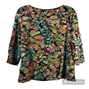 Sno Skins Vintage Y2K Crinkle Blouse Top Brown Blue Pink Artsy Size L